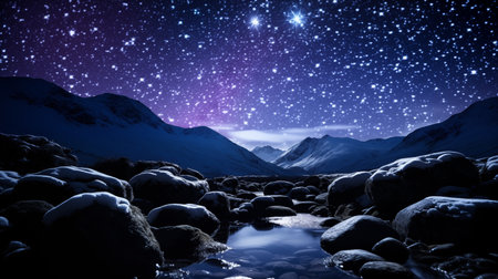 Moonlight illuminates a mystical gorge, casting an ethereal glow on the scene with a starlit sky above. AI-generatedの素材