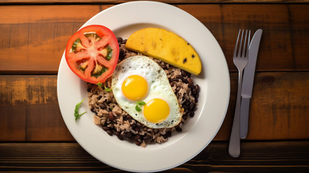 Authentic Gallo Pinto, a popular Costa Rican dish, with black beans, rice, eggs, and fried plantains, presented in a rustic, warm setting with natural sunlight. AI-generatedの素材