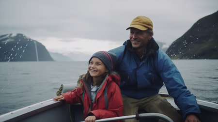 Father and daughter fishing team showcasing their fresh salmon catch, surrounded by the rugged beauty of a fjord under moody, overcast skies. AI-generatedの素材