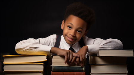 This image showcases a schoolboy organizing books with a bright expression, captured in a candid moment with a transparent background and soft studio lighting. AI-generatedの素材