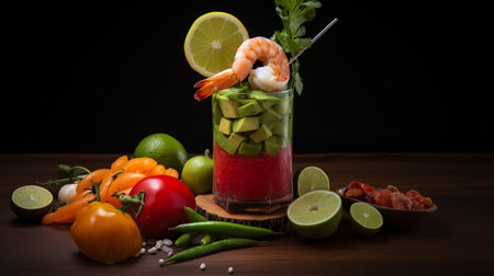 A beautifully styled shrimp cocktail featuring plump shrimp, creamy avocado, and zesty lime, set against a bright and inviting backdrop. Shot with a Leica Q3 43mm lens for unmatched detail. AI-generatedの素材