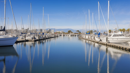 A high-resolution marina image showcasing perfectly arranged sailboats, a modern concrete pier, and the pristine blue waters. AI-generatedの素材