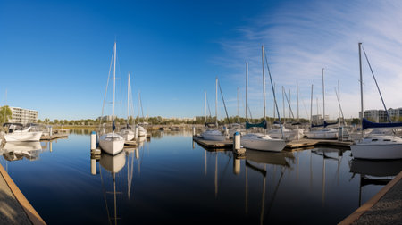 A commercial nautical photograph capturing a serene marina landscape with well-aligned sailboats and a sleek, contemporary dock. AI-generatedの素材