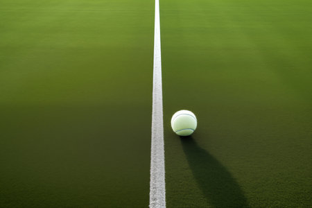 A classic sports photography shot capturing a tennis ball on a lush grass court, featuring morning dew and precise court markings. AI-generatedの素材