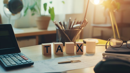 An organized workspace ideal for tax preparation, showcasing a 2026 calendar, a calculator, wooden blocks with the word TAX, and reading glasses under soft, warm lighting for a focused atmosphere. AI-generatedの素材