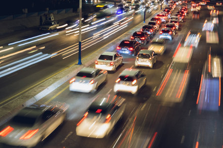 Tashkent, Uzbekistan - February 25, 2023: Traffic jam from cars, rush hour with blurry carsのeditorial素材