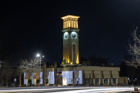 Tashkent, Uzbekistan - 03.03.2023: Central Tashkent chimes (clock tower) on the central square, is a visiting card of Uzbekistan for tourism. Evening photoのeditorial素材