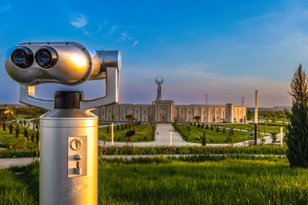 Tashkent, Uzbekistan - April 19, 2023: Memorial of Freedom and Independence in the form of a pyramid on the square of the city park "New Uzbekistan" (Yangi Uzbekistan) with a tower where the Humo birdのeditorial素材