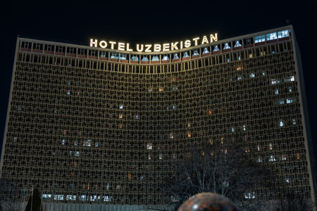 Tashkent, Uzbekistan - March 6, 2023: View to facade of "Hotel Uzbekistan" in Tashkentのeditorial素材