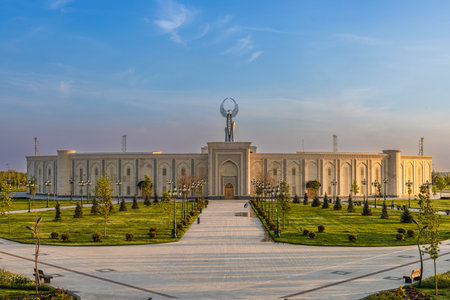 Tashkent, Uzbekistan - April 19, 2023: Memorial of Freedom and Independence in the form of a pyramid on the square of the city park "New Uzbekistan" (Yangi Uzbekistan) with a tower where the Humo birdのeditorial素材