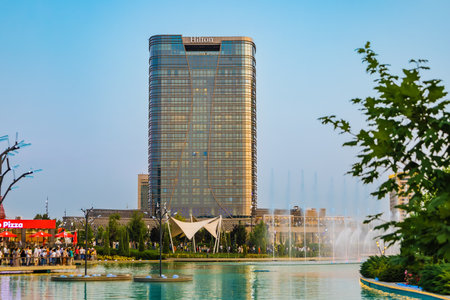 Tashkent, Uzbekistan - June 01, 2023: City park complex "Tashkent City" with an international hotel brand "Hilton".のeditorial素材