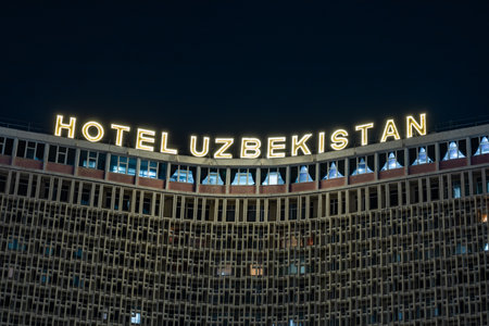 Tashkent, Uzbekistan - March 6, 2023: View to facade of "Hotel Uzbekistan" in Tashkentのeditorial素材