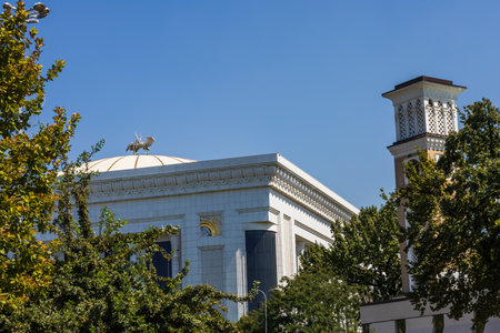 Tashkent, Uzbekistan - August 15, 2023: Complex for holding congresses, concerts and official meetings "Fond Forum" located on Amir Timur Square, built by Gulnara Karimova. Is a visiting card of Uzbekistan.のeditorial素材