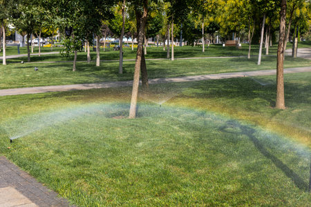Lawn with green grass and rainbow decorating a city park in spring.の写真素材