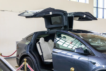 The car of the future is a modern technological car with an electric motor to protect the...