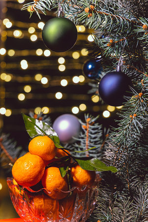 Background with blur on the theme of Christmas or New Year with toys and shining elements.の写真素材