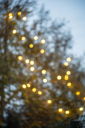 Light lamp festival or festive illuminated courtyard in the evening blur bokeh.の写真素材