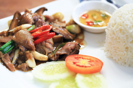 Fried beef with oyster sauce with tomato and Steamed riceの写真素材