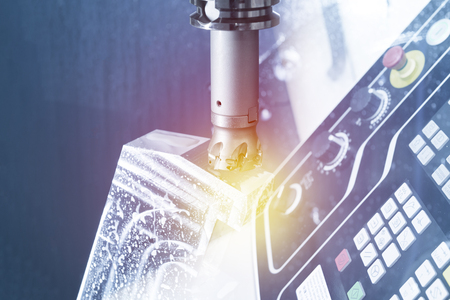 Abstract scene of the face milling tool with the raw material work piece on the CNC milling machine ...