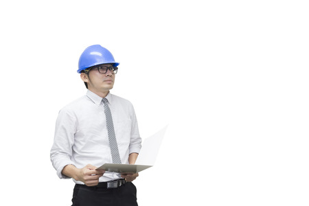 The isolate scene of engineer hold the laptop by the hand with the white backgroundの写真素材