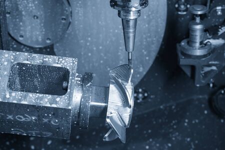 The  5 axis CNC milling machine cutting the boat propeller parts with solid ball endmill tools. The...