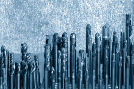 Close-up scene of the used solid  endmill tools for CNC milling machine .The  cutting  tool for...