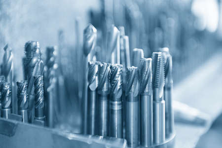 Close-up scene of the used solid  endmill tools for CNC milling machine .The  cutting  tool for...