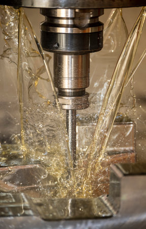 The vertical scene of CNC milling machine cutting the  mold parts with oil coolant method. The mold and die manufacturing process by CNC machining center.の写真素材