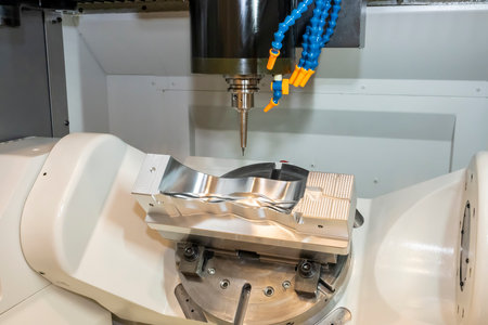 The hi-precision 5-axis machining center cutting the shoe mold parts. Hi-technology  mold and die...