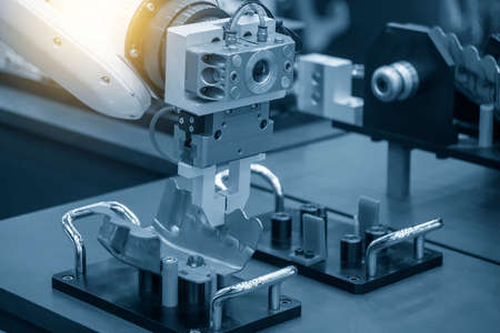 The hi-technology  material handling process by robotic system with sheet metal parts. The sheet metal manufacturing process by robotic system.の写真素材