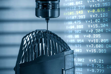 The abstract scene CMM machine operation and the G-code data background. The quality control of...