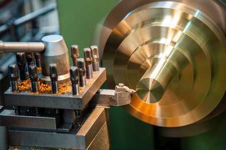 The lathe machine finishing cut the brass shaft parts by lathe tools. The metalworking process by turning machine.の写真素材