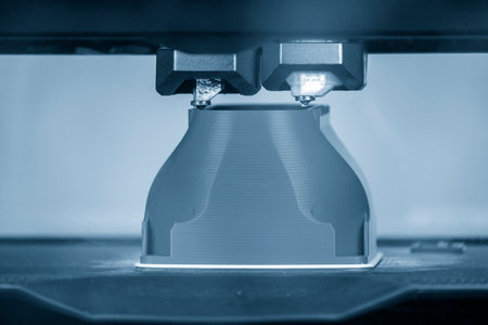 The additive manufacturing by double nozzle 3D printer machine. The high technology manufacturing...