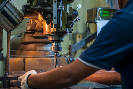 The machine operator working t NC milling machine. The shop floor operation by NC milling machine.の写真素材