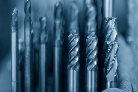 Close-up scene the used solid  carbide endmill tools for CNC milling machine .The  cutting  tool for...