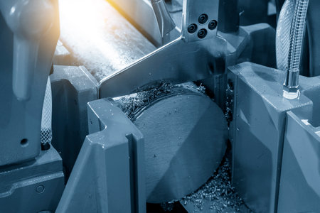 Close up scene the band saw machine cutting the metal rod. The machine tool for industrial purpose.