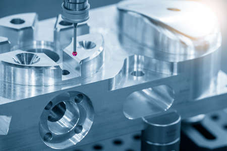 The  touching probe  measuring the sample CNC machine. The quality control of high precision parts...