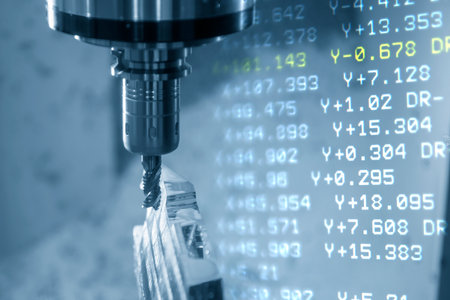 Abstract scene of the  5-axis machining center table-tilt type and G-code data background. The hi-technology 5-axis CNC milling machine manufacturing process.の写真素材