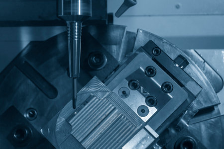 The 5-axis CNC milling machine  cutting the metal mold part. The hi-technology injection mold part manufacturing process by 5-axis machining center.の写真素材