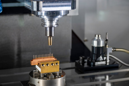 The CNC milling machine cutting the copper electrode parts with solid ball end mill. The mold and...
