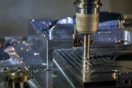 The CNC milling machine rough cutting the injection mold parts by indexable tools. The mold and die manufacturing process by machining center with the solid endmill tools.の写真素材