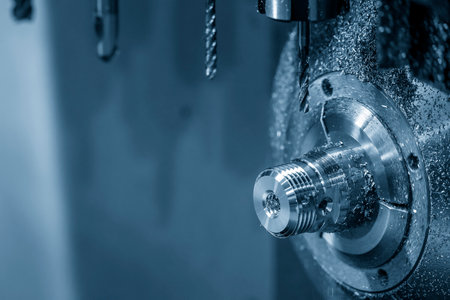 The multi-tasking CNC lathe machine swiss type drilling the brass nipple parts. The high technology...