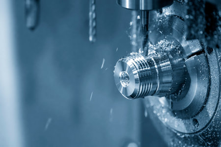 The multi-tasking CNC lathe machine swiss type tapping the brass shaft parts. The high technology...
