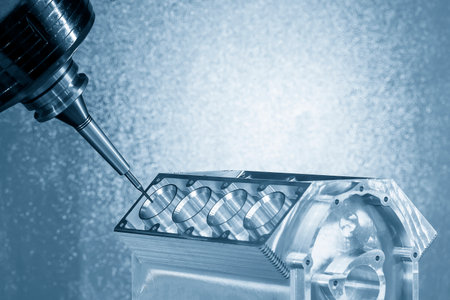 The 5-axis machining center cutting the V8 engine cylinder block with solid ball end mill tool. The...