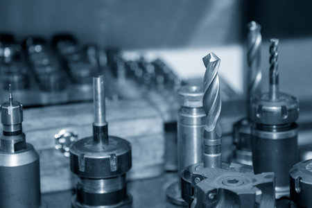 Close-up scene the group of used cutting tools for CNC milling machine. The  cutting  tool for...