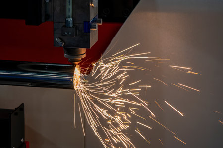 The fiber laser cutting machine cutting  machine cut the stainless steel tube. The hi-technology sheet metal manufacturing process by laser cutting machine.の写真素材