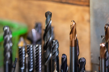 Close-up scene the group of used cutting tools for CNC milling machine. The  cutting  tool for...