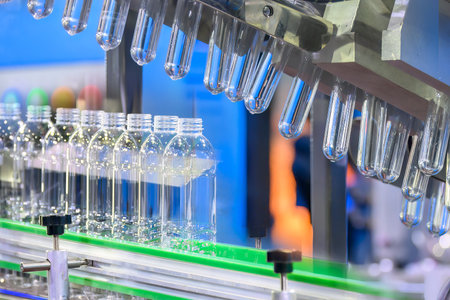Abstract  scene hi-technology of drinking water manufacturing process. The  empty drinking water...