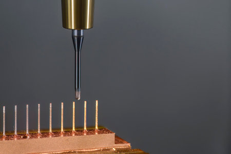 Close up scene the CNC milling machine cutting the copper electrode parts with solid ball end mill....