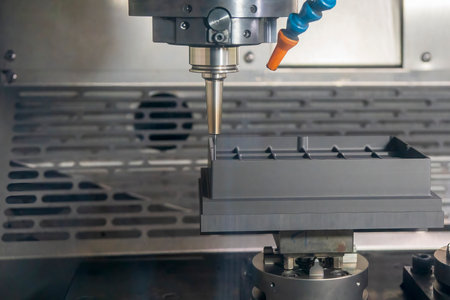 The CNC milling machine finish cutting the graphite electrode parts with solid ball end mill. The...